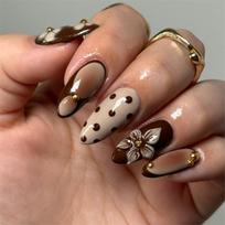 30Pcs Press On Nail with Vintages Style Polkas Dots 3D Flower Detail and Shining Gold Beads ABS for Quick Application 1 brown