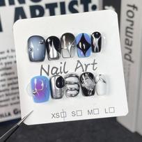 Cyberpunk AI Robot Inspired Short Press-On Nails With Metallic 3D Relief Design Women Extra Small