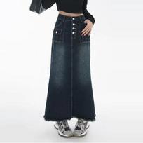 A-line Cargo Denim Skirt Women's Spring Autumn High-waisted  Mid-length Skirt  Retro Raw Edge Fashion Y2k Korean Style Clothing S mėlyna