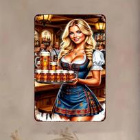 Large Oktoberfest Bavarian Beer Metal Wall Art  Vintage German Pub Sign with DirndlClad Waitress  Beer Mugs   Iron Bavarian 20x30cm（7.8x11.8inch）