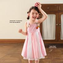 LUSON Girls' Plaid Lace Cotton Sundress 100