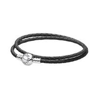 Pandora Cow leather double circle braid 925 silver bracelet, same style for men and women, couple model, black Black 41 Book Shape Jewelry Box juoda