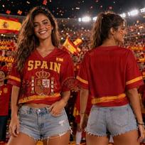 2026 Nauji Ispanijos Vėliavos Spausdinimo trumpomis rankovėmis V formos kaklo T-shirt vasarai moterims Futbolo stiliaus palaikymo viršus T-shirt gatvės madingas moteriškas viršus S
