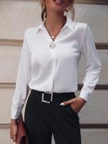 Elegantiški ilgomis rankovėmis marškiniai su perlamutrine sagute, V formos iškirpte, trumpomis rankovėmis, vienspalviai, laisvi marškiniai, kasdieniai balti viršutiniai drabužiai, biuro moters marškiniai S balta