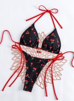 Cherry Print Lace-up Color Block Bikini Thong Set M juoda