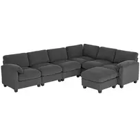 U formos kampinė sofa su spyruokliniu paminkštinimu, paminkštintais porankiais, kilnojamu otomanu, velvetinė, 292x224x85 cm, tamsiai pilka