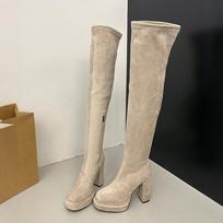 Nightclub Fashion Woman Thigh High Boots Sexy Thick High Heels Party Autumn Winter Ladies Fleece Lined Over-the-knee Booties 35 chaki