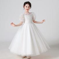 Girls Puff Short Sleeve Tulle Long Princess Party Performance Dress 120cm balta