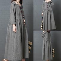 Women Long Dress Big Code Girl Japanese Linen Long Sleeve Checked Dress L