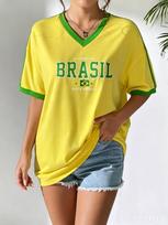 Summer Women Bright Yellow Football Jersey T-Shirt with Brazilian Letter Print V-Neck Short Sleeved Loose Casual Sports Tops S