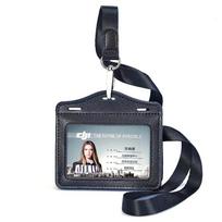 Badge Holder Trifold with Lanyard Leather Card Holders and Clear ID Window for Office Staffs Student Teacher Couriers Formal Classic Black Horizontal + Lanyard