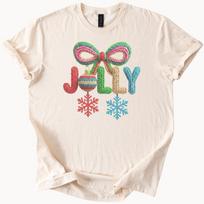 Jolly yarn bow Christmas t shirt colorful embroidery look snowflake holiday graphic tee unique design 110