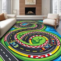Fun Cartoon Race Car Track Print Rug Soft Non-Slip Floor Carpet Interactive Play Learning Themed Decor Mat for Kids Playroom 40X60CM