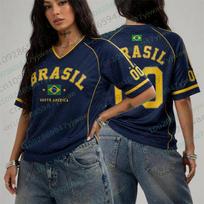 Women'S Brazil Graphic Printed Football Jersey V-Neck Streetwear Short Sleeve Top Summer Plus Size Sport Casual Party T-shirt 4XL