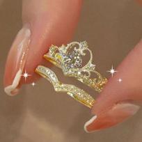 2 Pcs Sparkly Crown Rings for Women Adjustable Crystal Party Anniversary Jewelry Set auksas