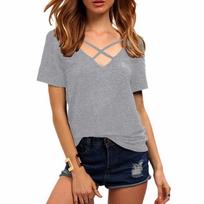 Summer V-neck Strap Short Sleeve Casual Sexy Women's T-shirt Top S pilka spalva