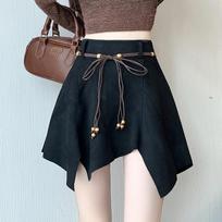 Women's Brown Suede Irregular Hem Lace-Up Mini Skirt S juoda