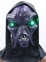 LED Glowing Green Eyes Alien Monster Mask in Purple Latex Full Head Mask with Tendrils Hood Scary Cosplay Party Halloween Props gray