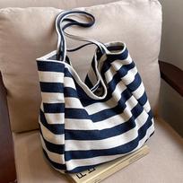 Korean Ins Lazy Style Striped Canvas Bag Literary Contrasting Color Tote Bag Large Capacity Shoulder Bag Shopping Bag Large Bag