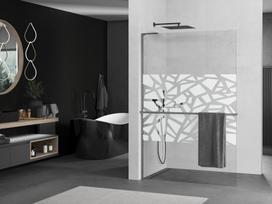 Mexen Kioto+ L dušo sienelė su lentyna Walk-in 90 x 200 cm, baltas raštas, gun gray šlifuotas - 800-090-123-66-85