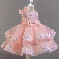 Kids Girls Princess Sequined Puffy Tulle Birthday Performance Party Dress 90cm rožinė