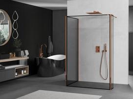 Mexen Kioto dušų siena Walk-in 120 x 90 x 30 cm, juodas rėmas, rožinis auksas - 800-120-090-221-60-70-030