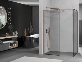 Mexen Kioto dušo sienelė Walk-in 120 x 110 cm, juodas rėmelis, šepečiu valyta varis - 800-120-202-65-70-110