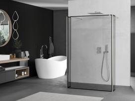 Mexen Kioto Laisvai stovinti dušo sienelė 120 x 30 x 30 cm, juodas rėmelis, šlifuotas nikelis - 800-120-030-222-97-70-030