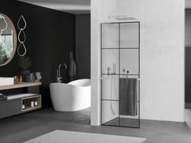 Mexen Kioto+ L dušo sienelė su lentyna Walk-in 70 x 200 cm, juoda tinklelis, šepečiu nikelio danga - 800-070-123-97-77