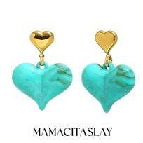 MamacitaSlay 316L Stainless Steel Resin Double Heart Earrings 18K Gold Plated Waterproof Jewelry Women's Elegant Earrings Gift mėlyna