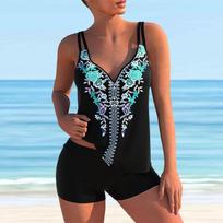 Moteriškas maudymosi kostiumėlis su pečių juostele Blue Rose Print Bikini Tankini maudymosi kostiumėlis S žalia