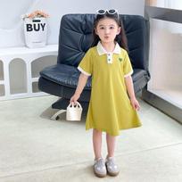 Kids Girls Solid Short Sleeve Turn Down Collar Polo A Line Casual Dress 80cm žalia