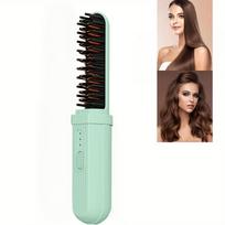 1pc Dual-Purpose Portable Hair Straightener and Curler, USB Rechargeable Thermal Ion Comb, Anti-Scalding, 2000mAh Lithium Battery, USB-C Charging, žalia