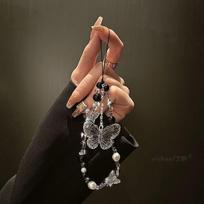 Black Onyx Three-Dimensional Crystal Butterfly Pearl Chain Suitable for All Phone Case Models Portable Lanyard Luxury High-End Crystal Butterfly Black O