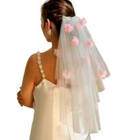 Airy Mesh Bridal Veils Accessory Showcasing Light Pink Blossoms And Two Tier Design