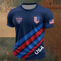 Men’s American Football Print Crew Neck T-Shirt Classic Short Sleeve Athletic Top USA Flag Stripe Design Sportswear L tamsiai mėlyna