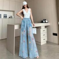 Summer New Loose High-End Flower Embroidered Wide Leg Pants Thin Breathable Tie Dye Casual Pants for Women Vacation Leisure S