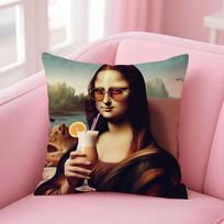 Modern Art Funny Mona Lisa Cushion Cover Pillow Case Soft Friendly Fabric & Concealed Zipper Peach skin 18*18(CM)-1Pcs