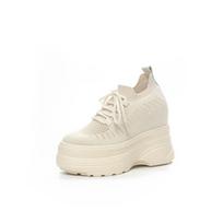 Fashion 11CM Air Mesh Sock Knitted Platform Wedge Flats Hollow Chunky Sneaker Breathable Comfy Women Sandals Slides Summer Shoes 34 smėlis