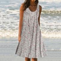 Women's Fashion Casual Print Sleeveless Large Size Beach Dresses Summer M