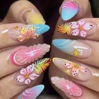 24PCS Colorful Almond Press on Nails Summer Blue Ocean Style 3D Flowers Shell Yellow French Fake Nails with Seastar Pearl Nails