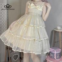 Lolita Guardian Sweetheart Bow torto suknelė Sweet JK suspender Print Tinklelis pūsta princesės suknelė, moteris  One size abrikosas