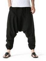 Harem kelnės vyrams Medvilnė Linas Drop Crotch Jaukios Streetwear Laisvo kirpimo Kvėpuojančios Lengvos Ilgos kelnės Vyriški Džogeriai S juoda