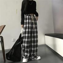 Moteriškos Laisvos Platių Kojų Kelnės Juodos ir Baltos Languotos Kelnės Retro Tiesios Kelnės Hip Hop Gatvės Apranga Dydis Plius XXXXL juoda