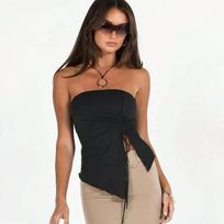 Women Sexy Slim Fit Strapless Tube Top Drawstring Ruched Irregular Slit Cropped Camisole S juoda
