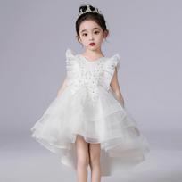Little Girls Sweet Solid Tulle Puffy Trailing Princess Party Long Dress 110cm balta