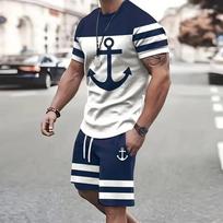 2 Piece Suits Men's Casual Pattern Printed Short Sleeve T Shirt and Track Shorts Set Holiday Lounge Beach Sports Suit Fitness S