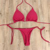 New Women Sexy Hanging Neck Thong Bikini Set Side Tie Swimsuit Bandage Style Split Strap Solid Adjustable Ladies Swimsuit Set S vyno raudonos spalvos