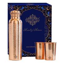 Pure Copper Drinkware Gift Set Embossed Design with 1 Bottle 900 ML, 2 Glasses 275 ML Gifting Item for Diwali, Weddings, Festive Occasions