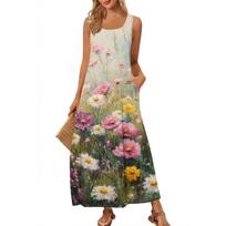 Women's Casual Floor-length Sundress Summer Beach Dress Round Neck Sleeveless Loose  Print Sundress XL